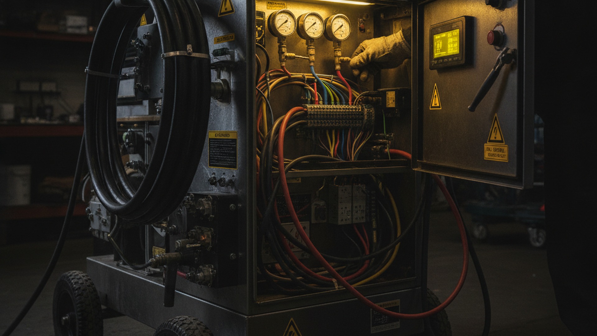 Technician diagnosing a spray foam proportioner unit in a repair bay